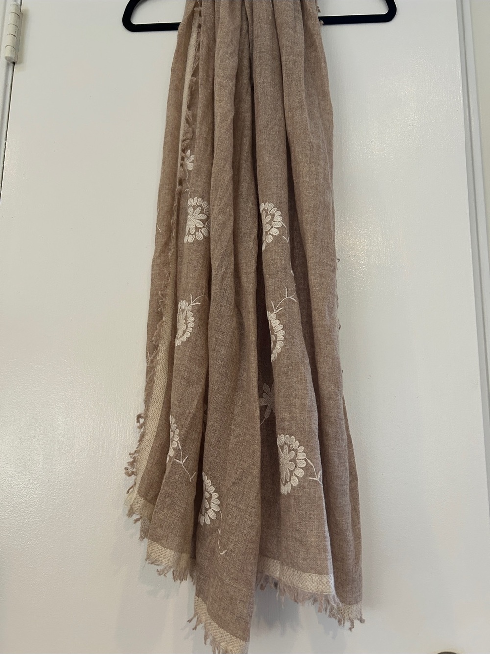 Embroidered Cashmere Floral Wrap Scarf in Light Brown - La Seine